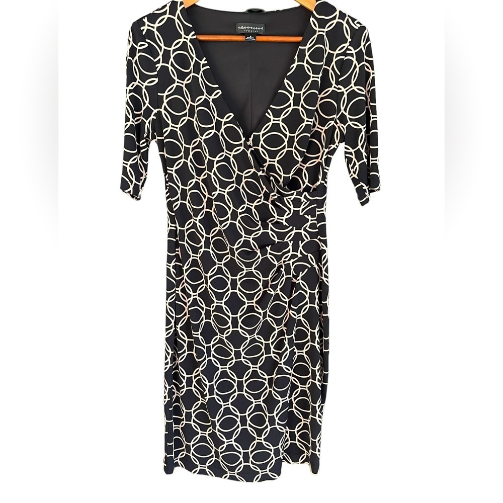 🔥🖤Connected Apparel size 6 black/tan faux wrap dress with cinched waist. NICE